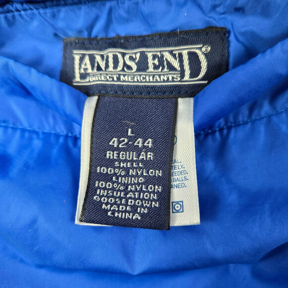 Men's Lands' End Reversible Goose Down Puffer Jacket Blue Black Hood sz Lg 42-44 - Picture 12 of 16